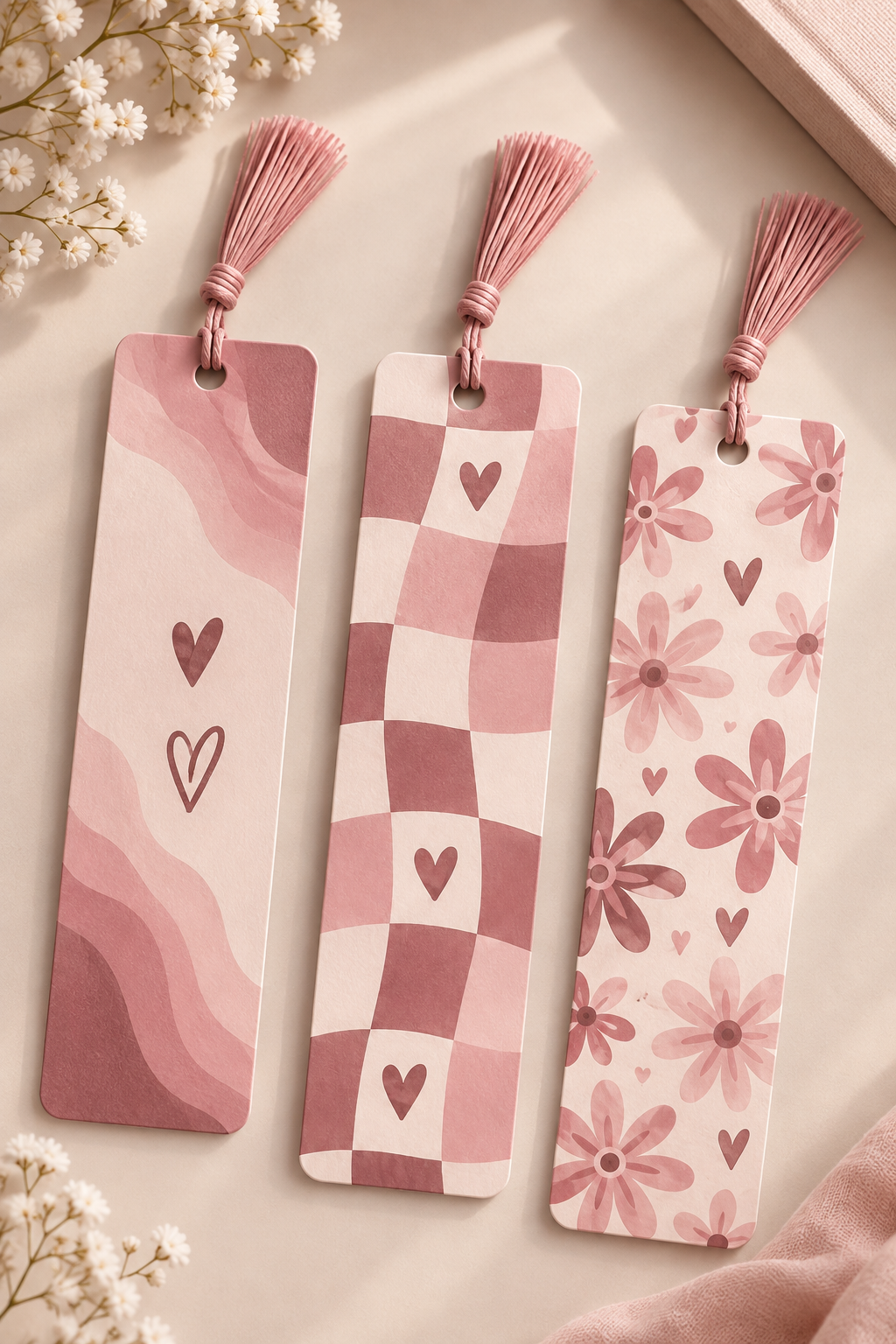 Pink Tassel Bookmark Set of 3 - Wavy Hearts Checkerboard Floral