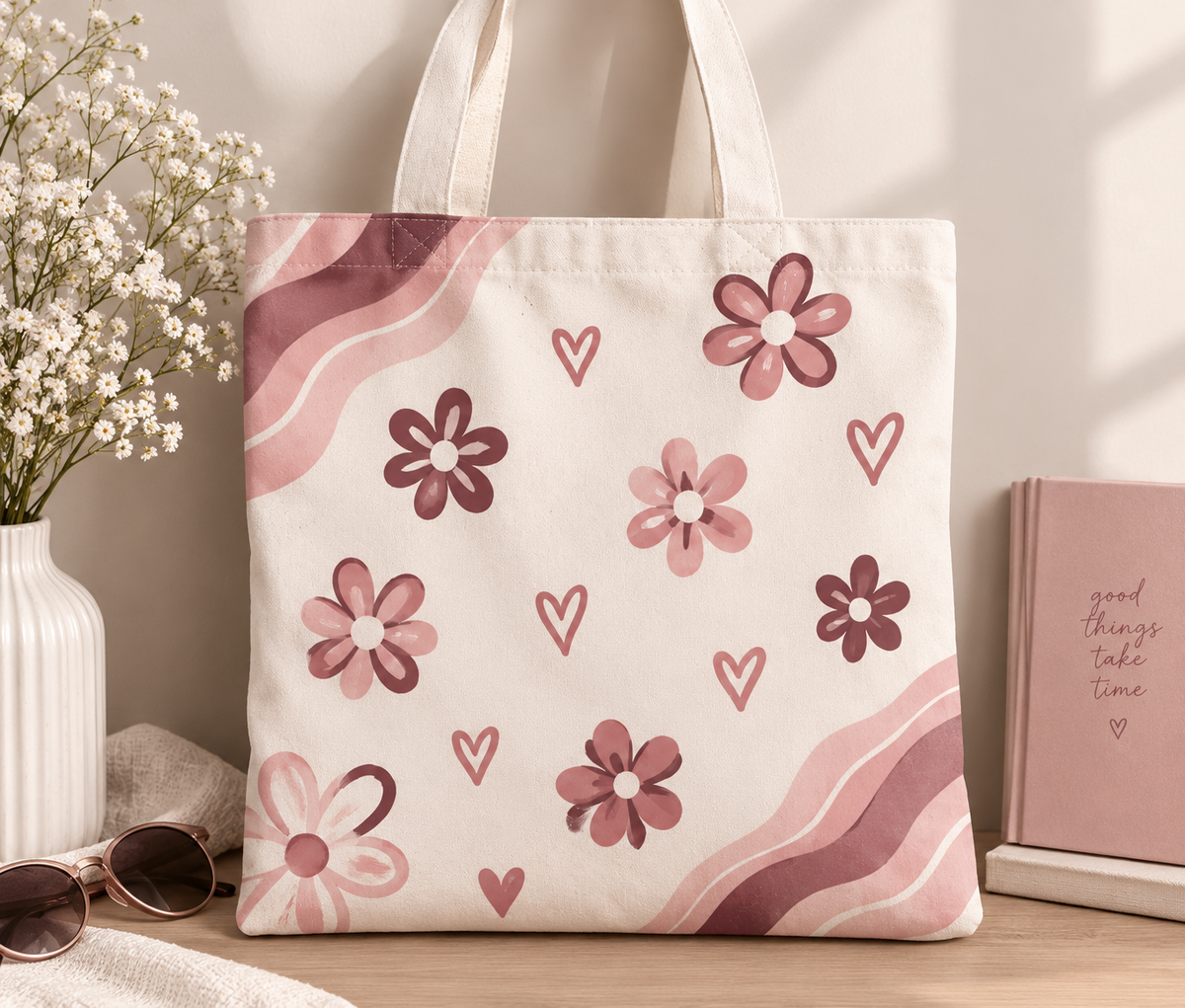 Blooms & Hearts Canvas Tote Bag – cream canvas with pink daisy and heart print by LM Creates