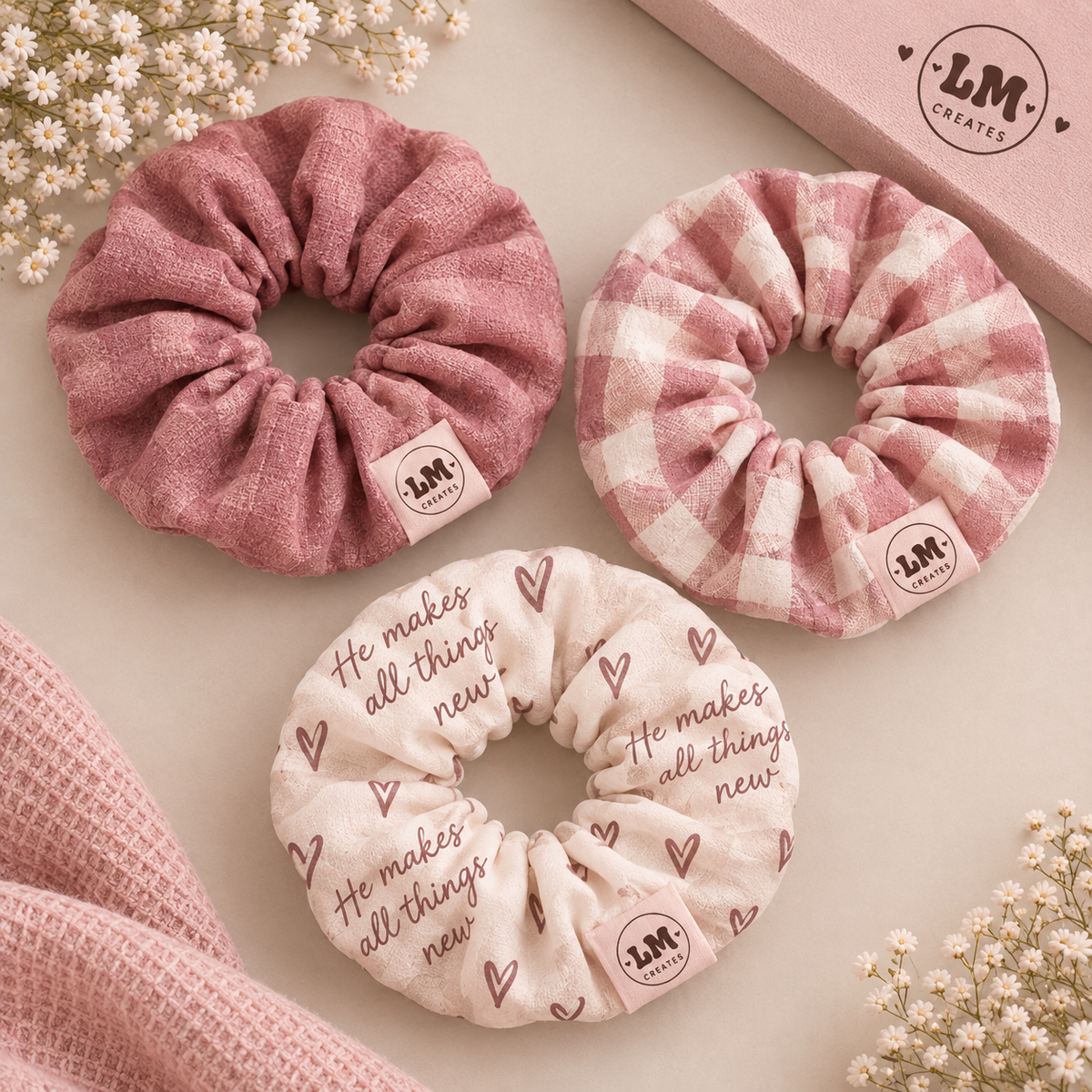 He Makes All Things New Scrunchie Set – pink tweed, gingham and faith print scrunchies by LM Creates