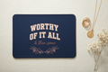 WORTHY OF IT ALL navy landscape mousepad flat lay on cream linen