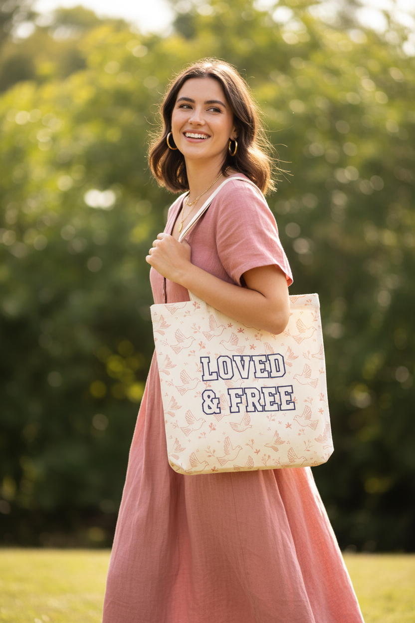 LOVED & FREE cream canvas tote bag worn by model outdoors in dusty pink dress