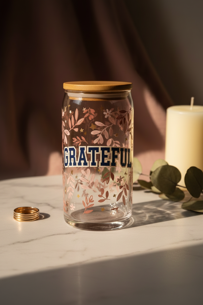 GRATEFUL clear glass bamboo lid tumbler angled shot on marble with candle and eucalyptus