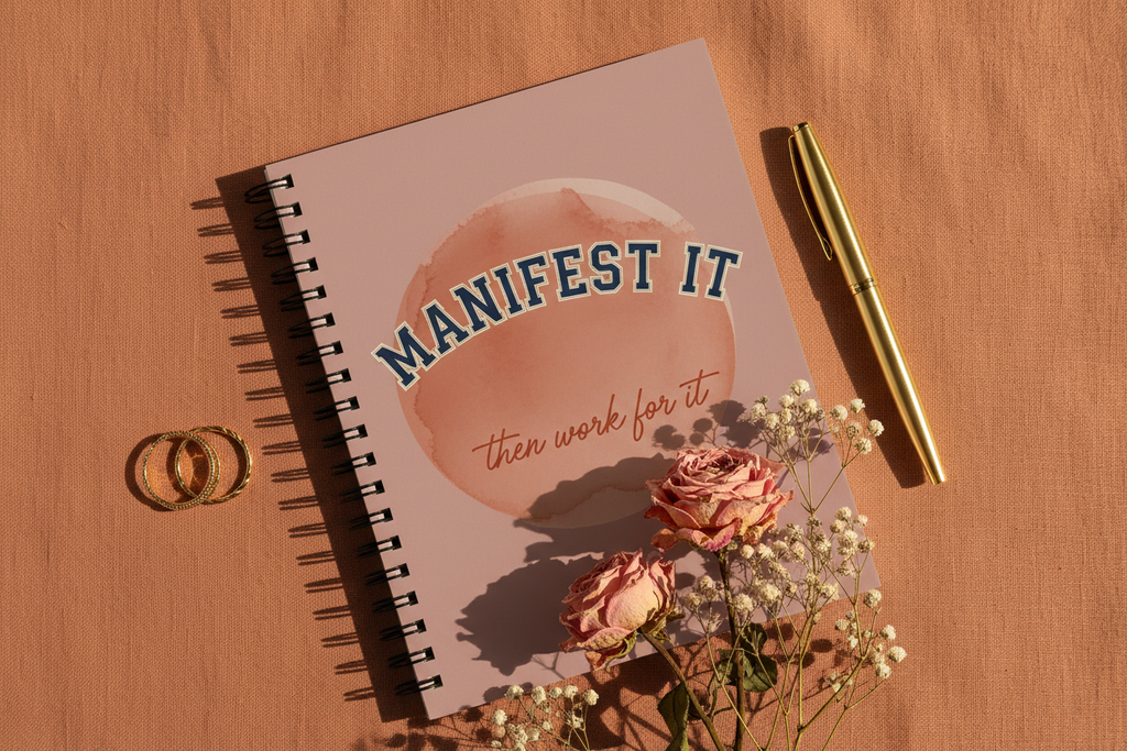 Manifest It dusty pink spiral notebook flat lay on terracotta linen with roses and gold rings