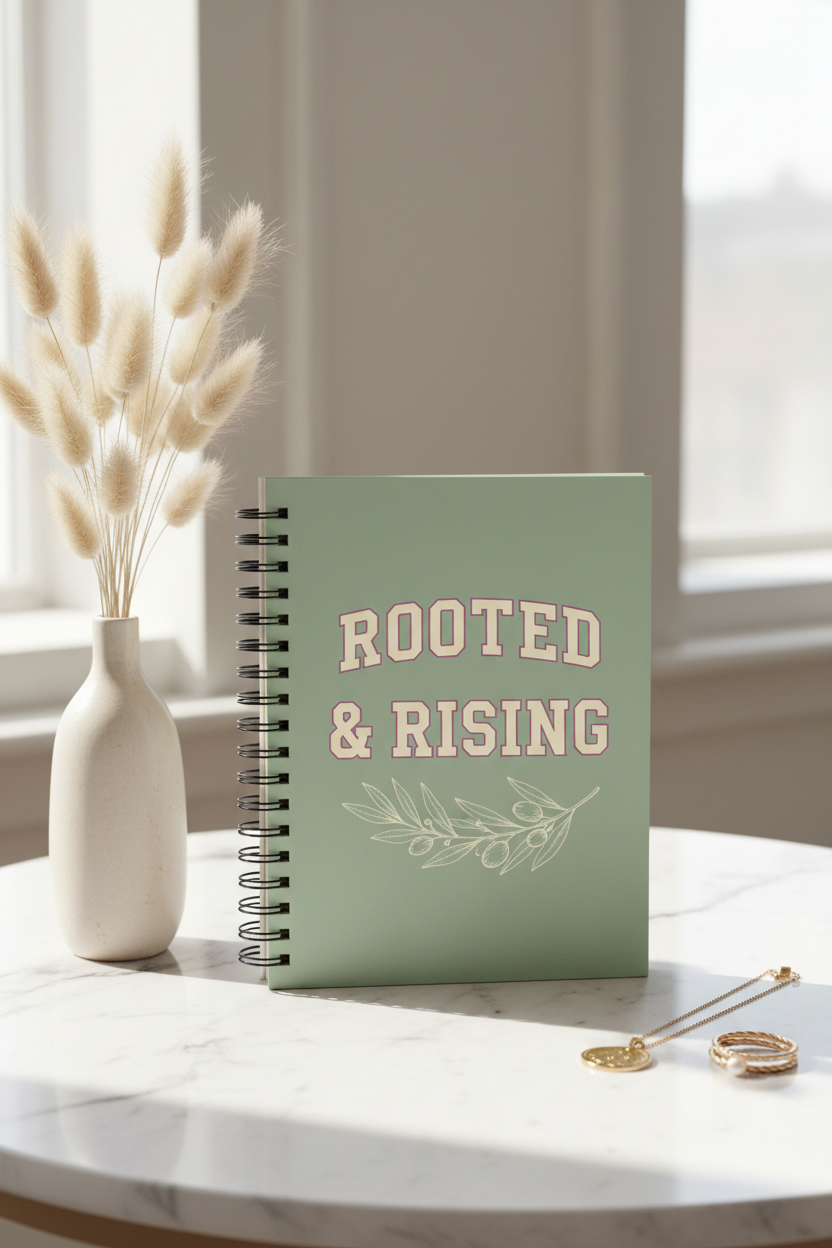 ROOTED & RISING sage green spiral notebook upright on marble with pampas grass and gold rings