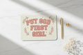 PUT GOD FIRST GIRL cream landscape mousepad flat lay on marble