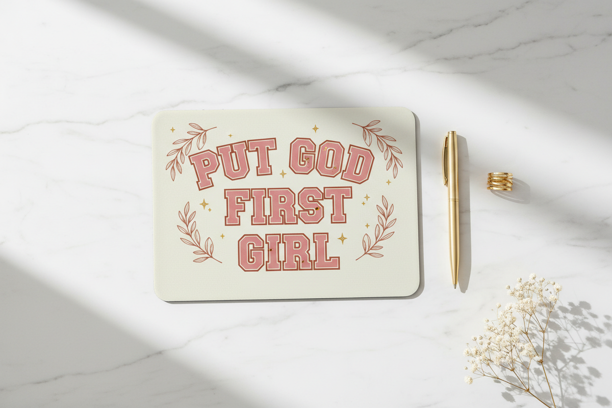 PUT GOD FIRST GIRL cream landscape mousepad flat lay on marble