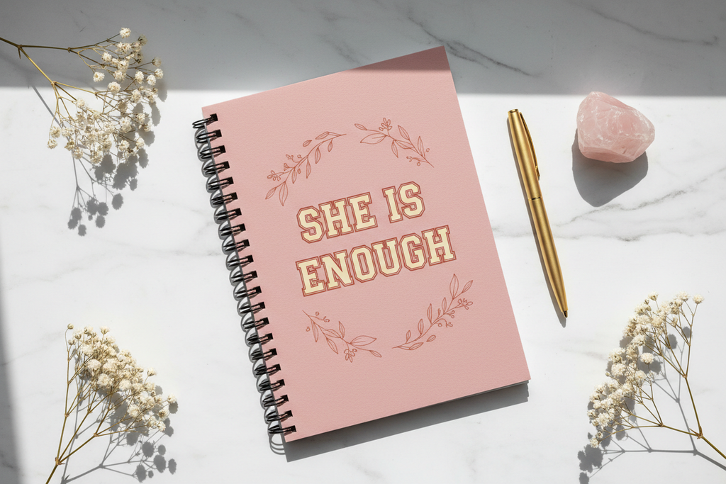 SHE IS ENOUGH dusty pink spiral notebook flat lay on marble with gold pen and rose quartz