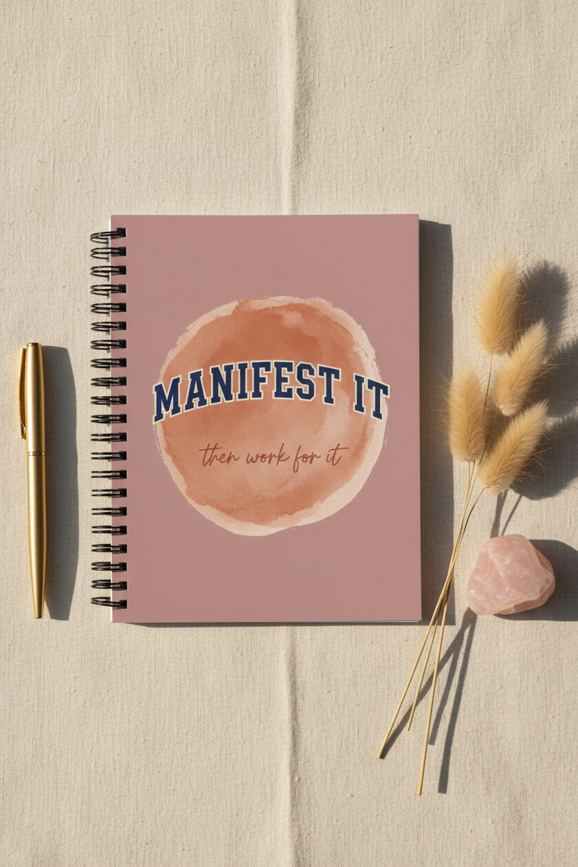 Manifest It dusty pink spiral notebook upright on cream linen with pampas grass and rose quartz