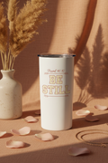 BE STILL 20oz white skinny faith tumbler on terracotta linen with pampas grass and gold necklace