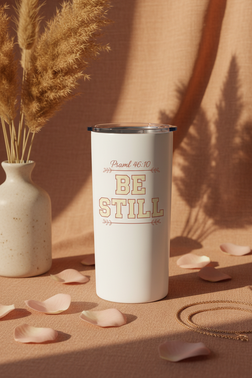 BE STILL 20oz white skinny faith tumbler on terracotta linen with pampas grass and gold necklace