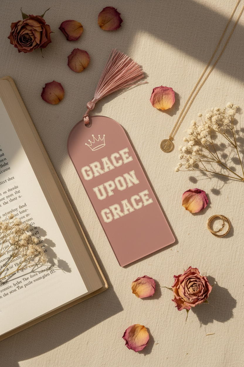 Grace Upon Grace dusty pink round top acrylic bookmark with blush tassel