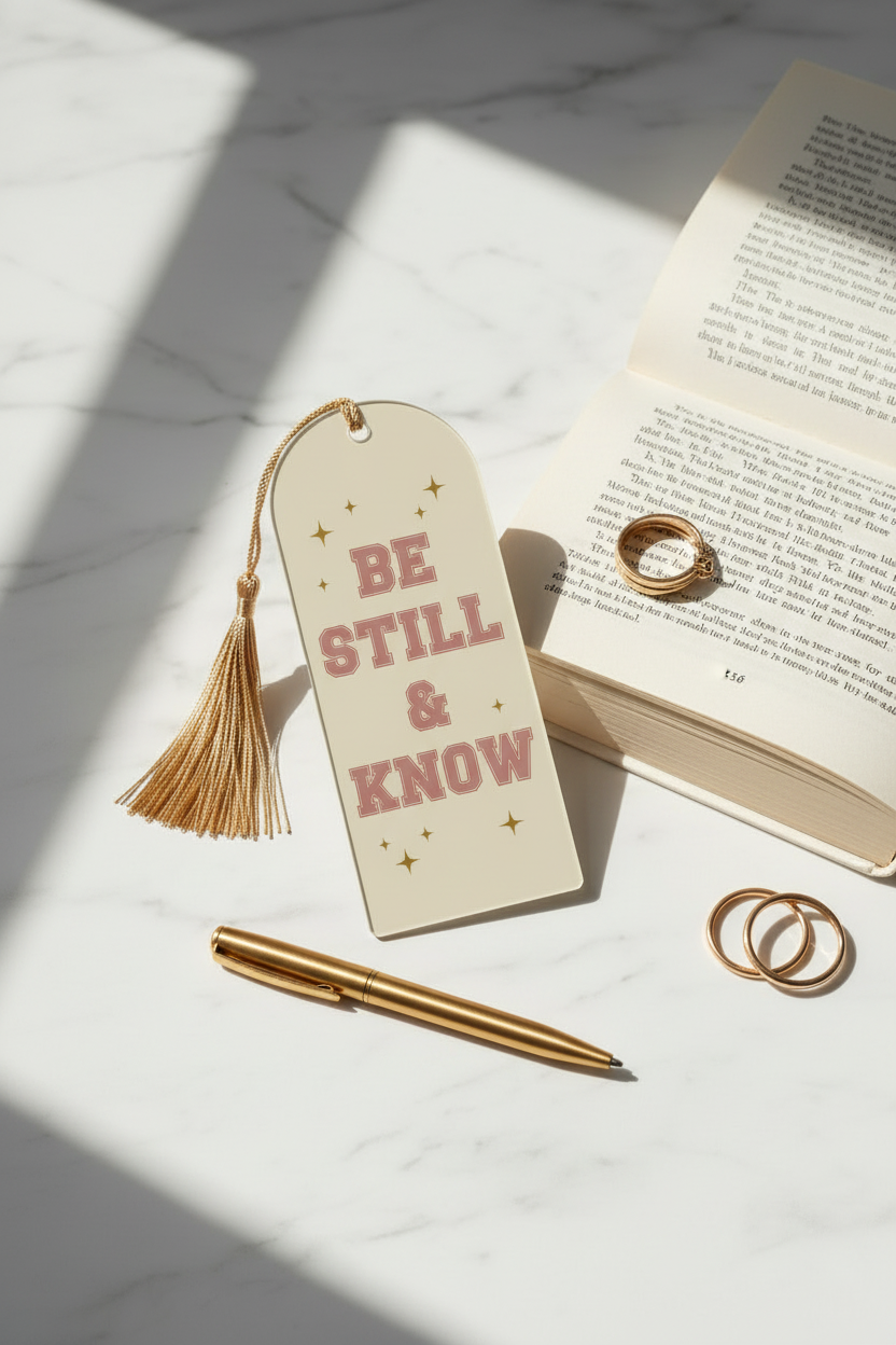 Be Still and Know round top acrylic bookmark with gold tassel