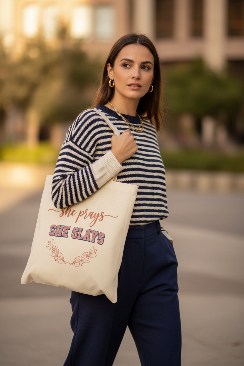 She Prays She Slays cream canvas tote bag worn by model outdoors in natural light