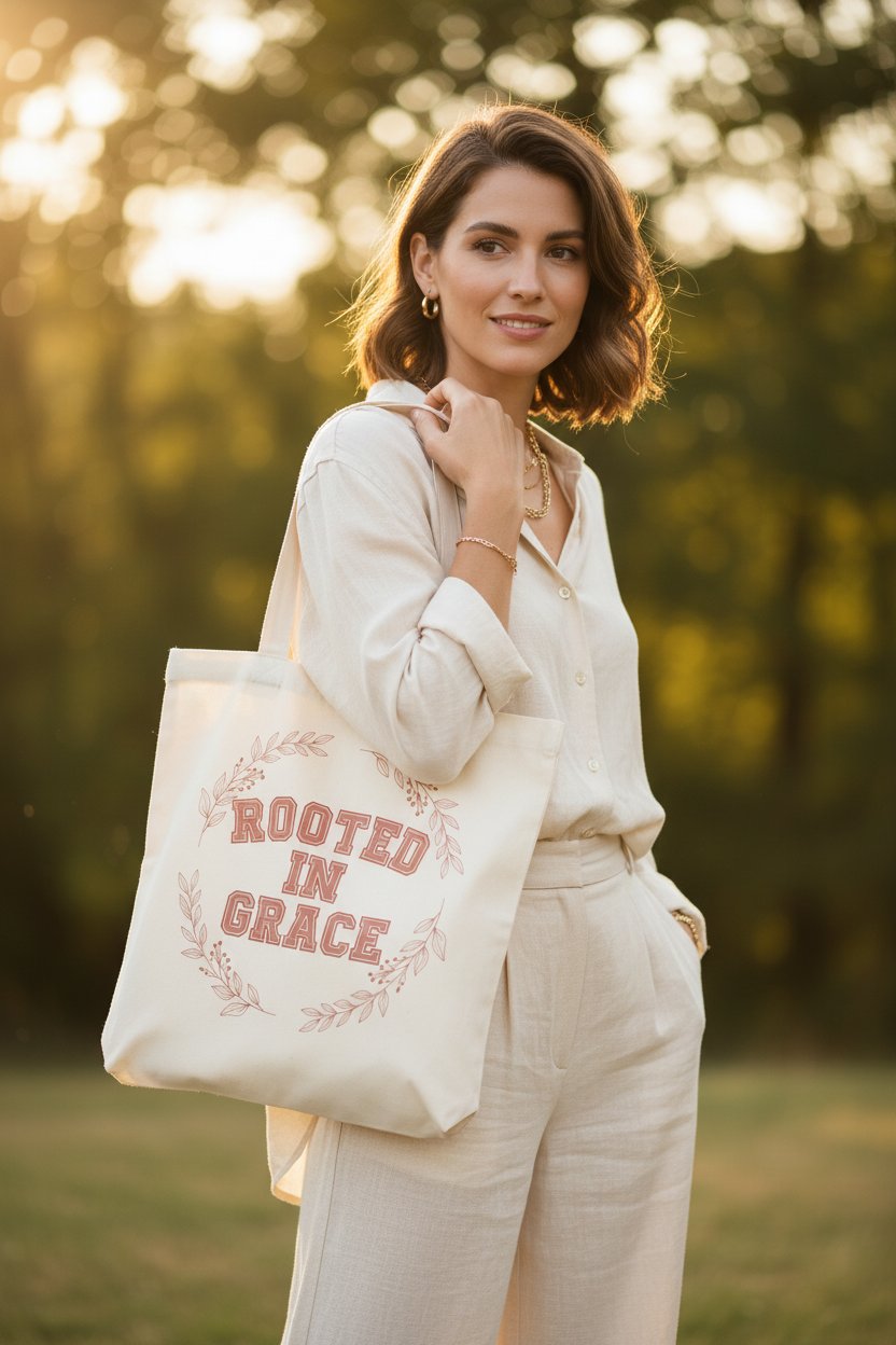 ROOTED IN GRACE cream canvas tote bag worn by model outdoors in natural light