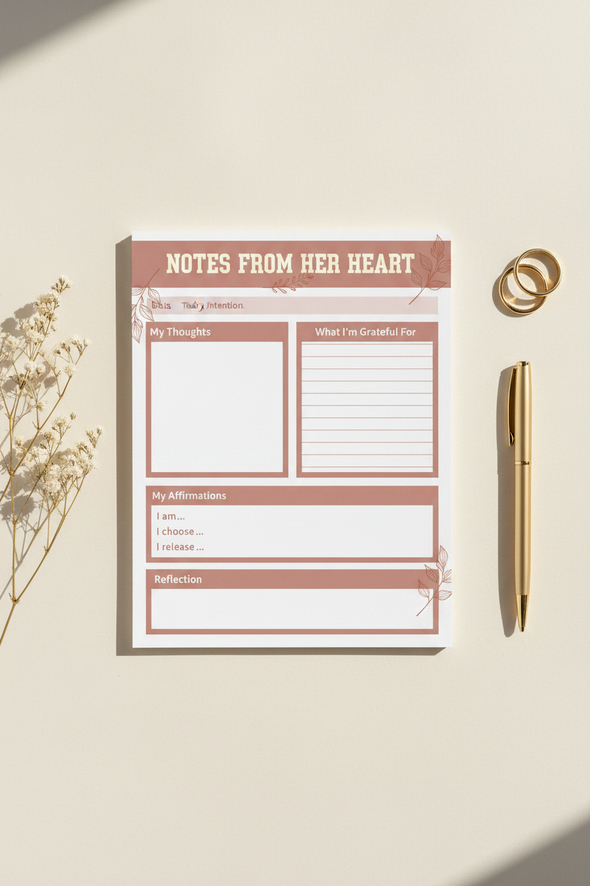 Notes From Her Heart A5 daily reflection notepad flat lay showing structured page layout