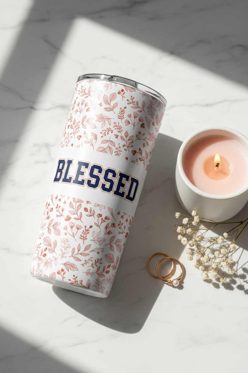 BLESSED botanical 20oz faith tumbler on marble with pink candle and baby's breath flowers