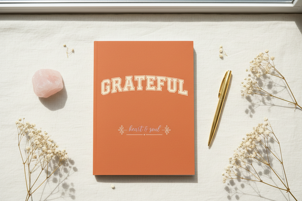 GRATEFUL terracotta spiral notebook flat lay on cream surface with white flowers and rose quartz