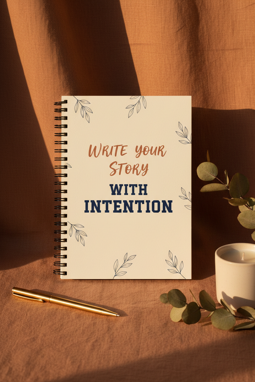Write Your Story With Intention cream spiral notebook upright on terracotta linen with candle and eucalyptus