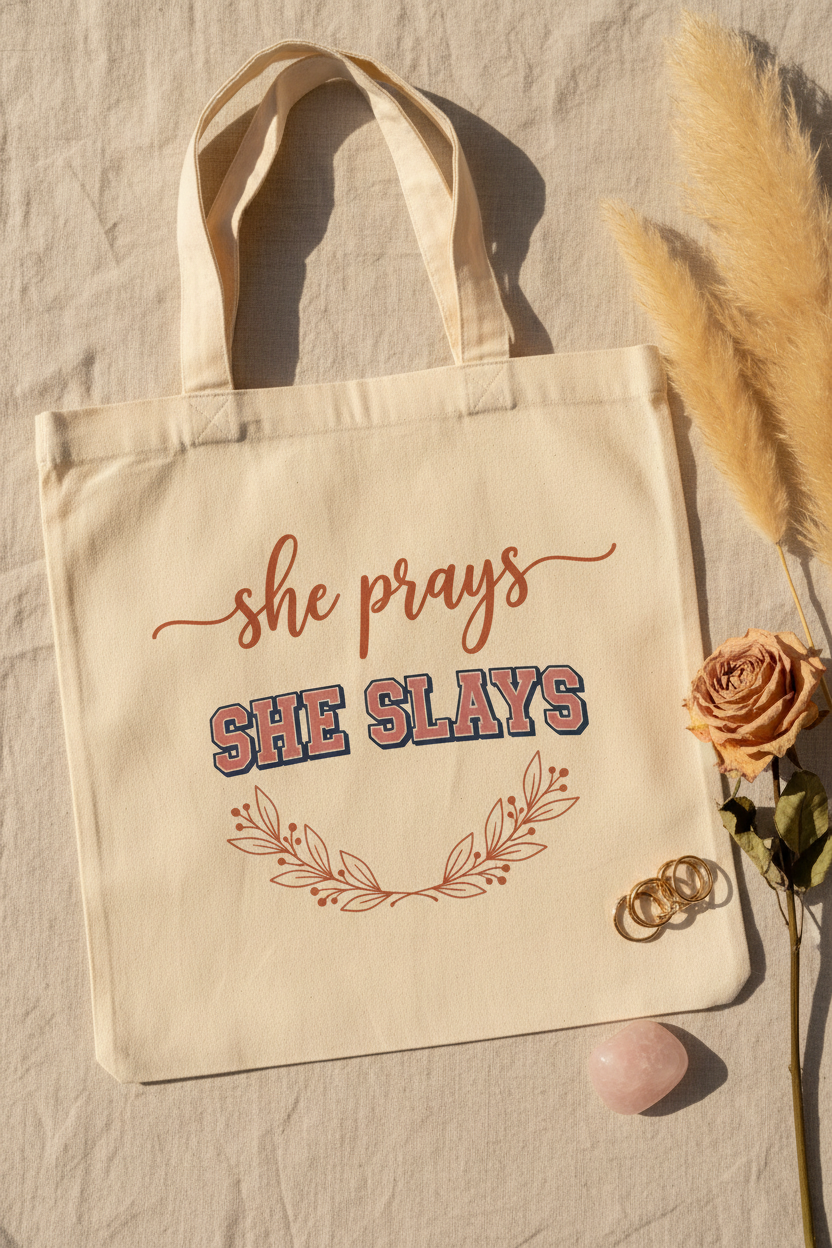 She Prays She Slays cream canvas tote bag flat lay on cream linen with pampas grass and rose quartz