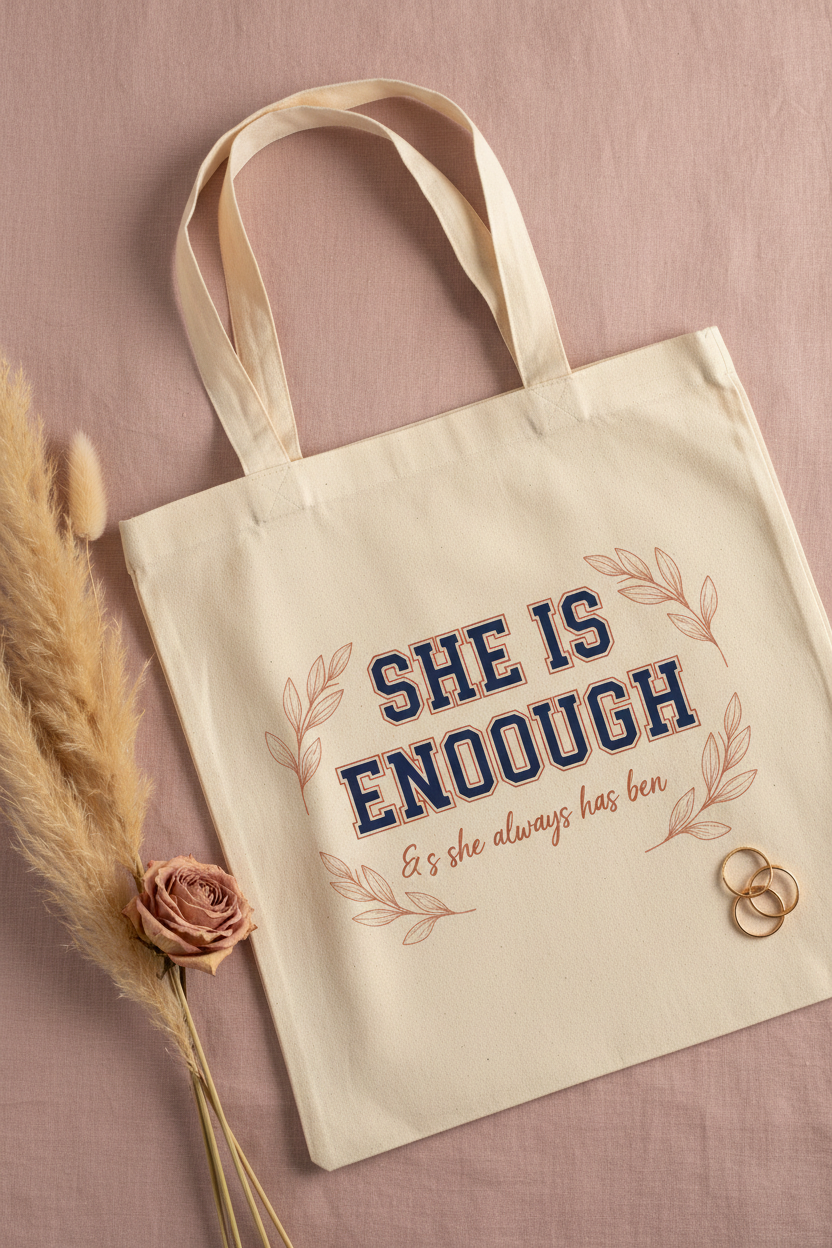 SHE IS ENOUGH cream canvas tote bag flat lay on dusty pink linen with pampas grass and gold rings