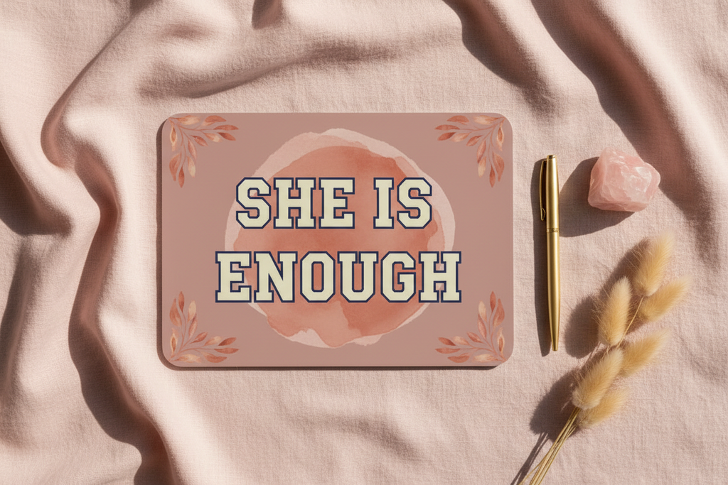 SHE IS ENOUGH dusty pink landscape mousepad flat lay on linen