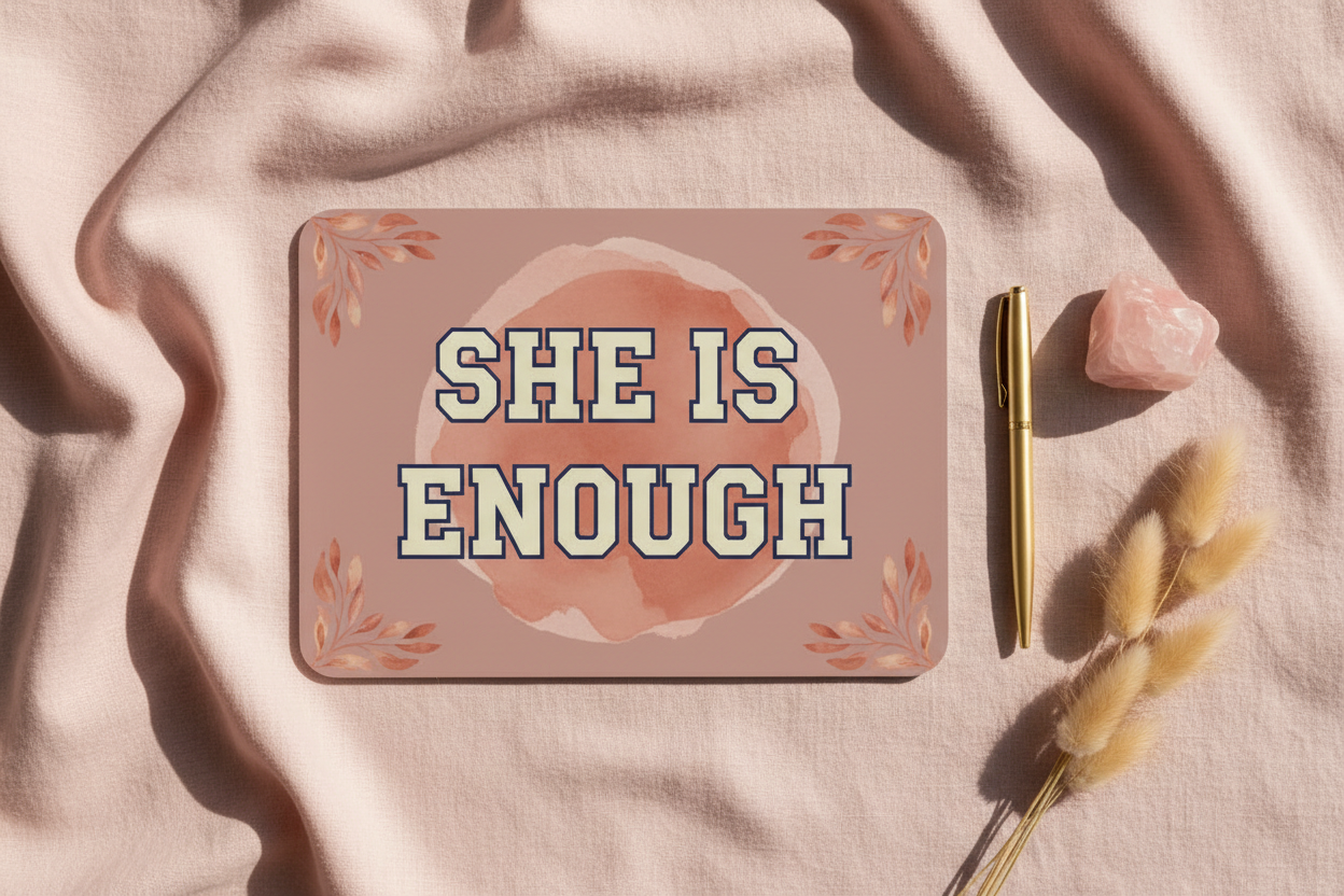 SHE IS ENOUGH dusty pink landscape mousepad flat lay on linen
