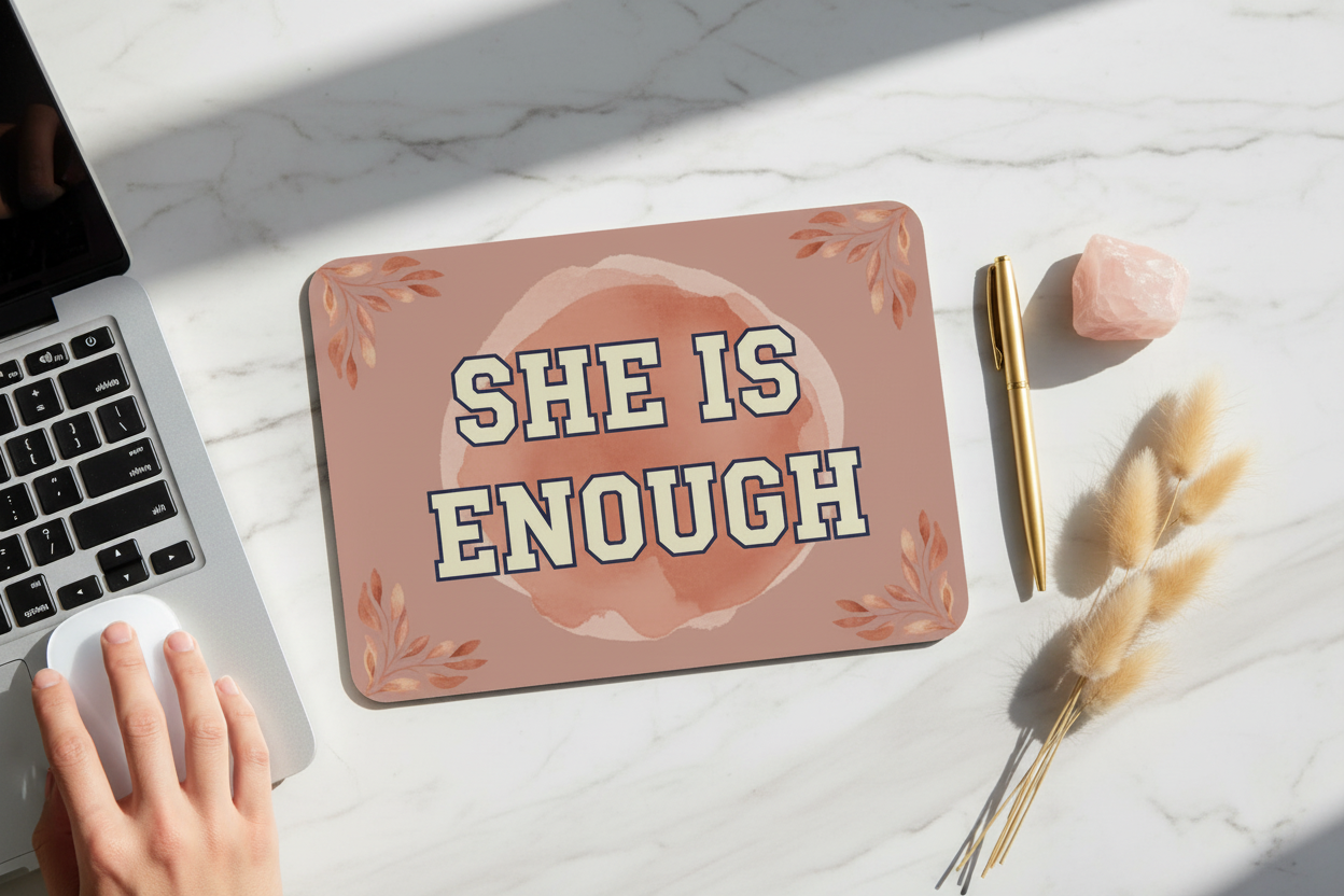 SHE IS ENOUGH mousepad in desk setup with laptop and rose quartz