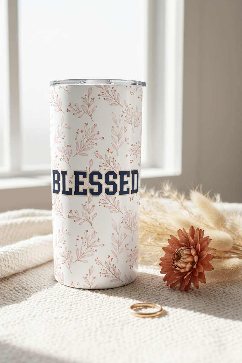 BLESSED botanical 20oz white skinny faith tumbler on cream linen with pampas grass and gold ring