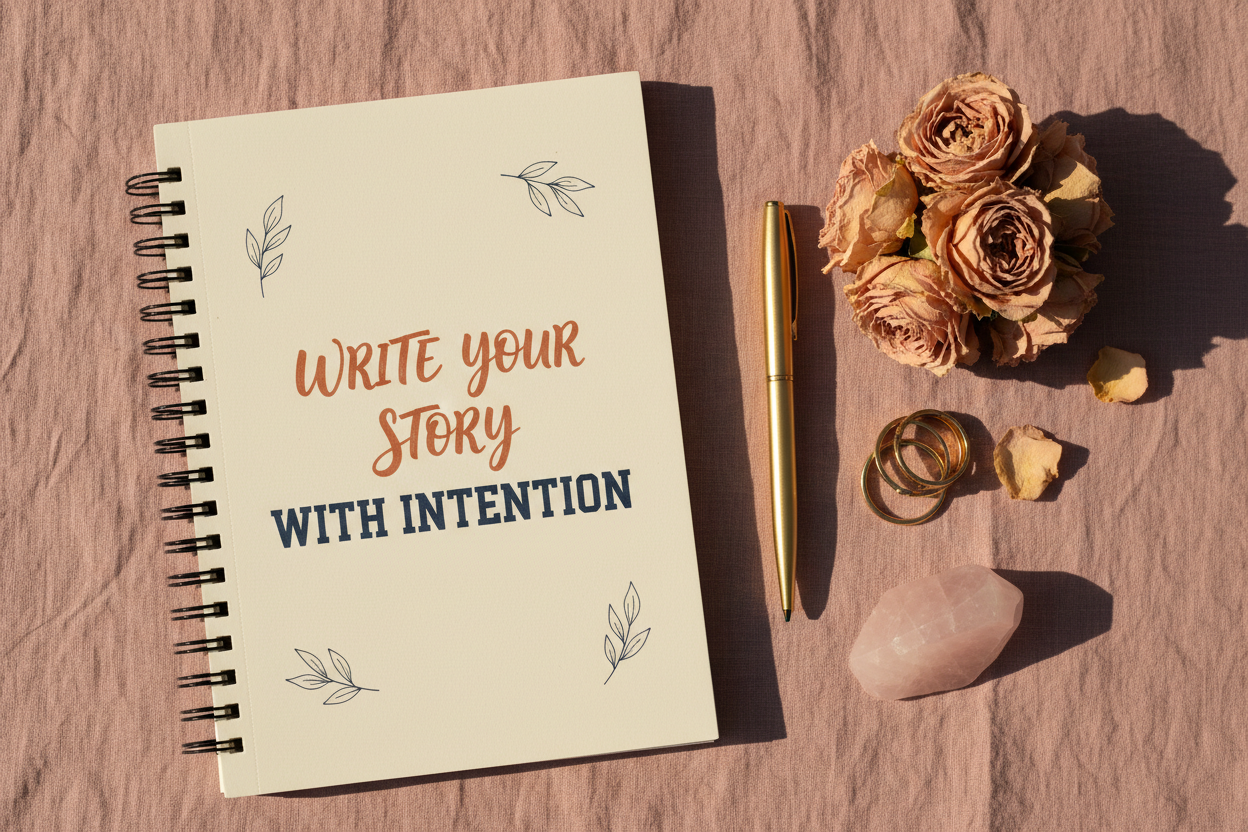 Write Your Story With Intention cream spiral notebook flat lay on dusty pink linen with roses and gold rings