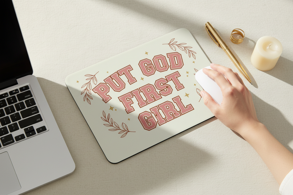 PUT GOD FIRST GIRL mousepad in desk setup with laptop and gold accessories