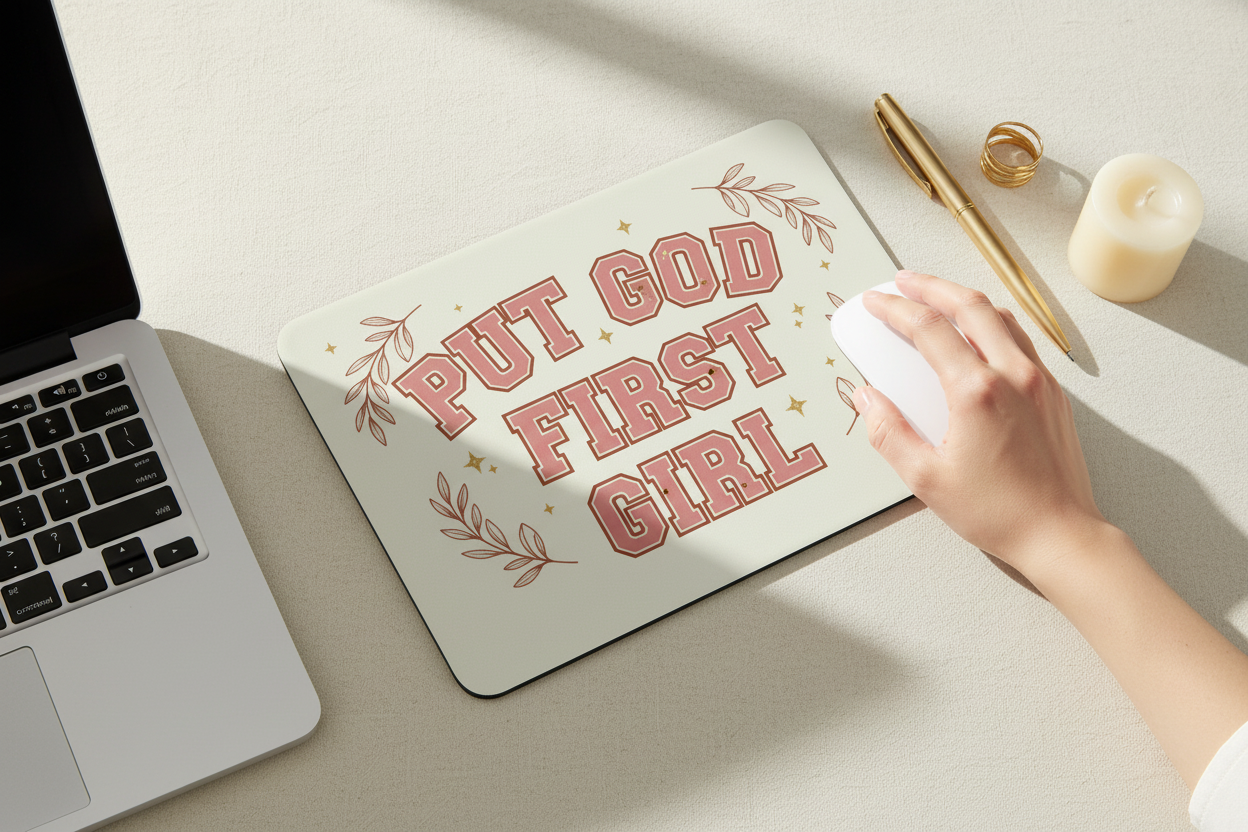 PUT GOD FIRST GIRL mousepad in desk setup with laptop and gold accessories