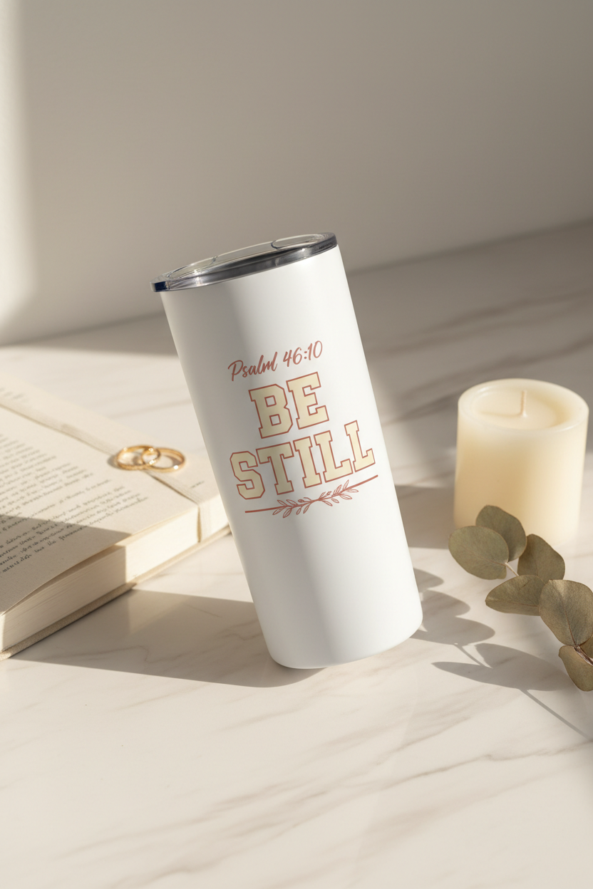 BE STILL 20oz faith tumbler on marble styled with journal, candle and eucalyptus