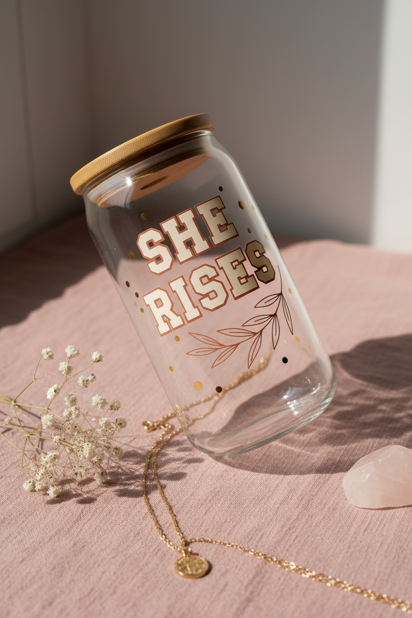SHE RISES clear glass bamboo lid tumbler angled shot on dusty pink linen with rose quartz and flowers