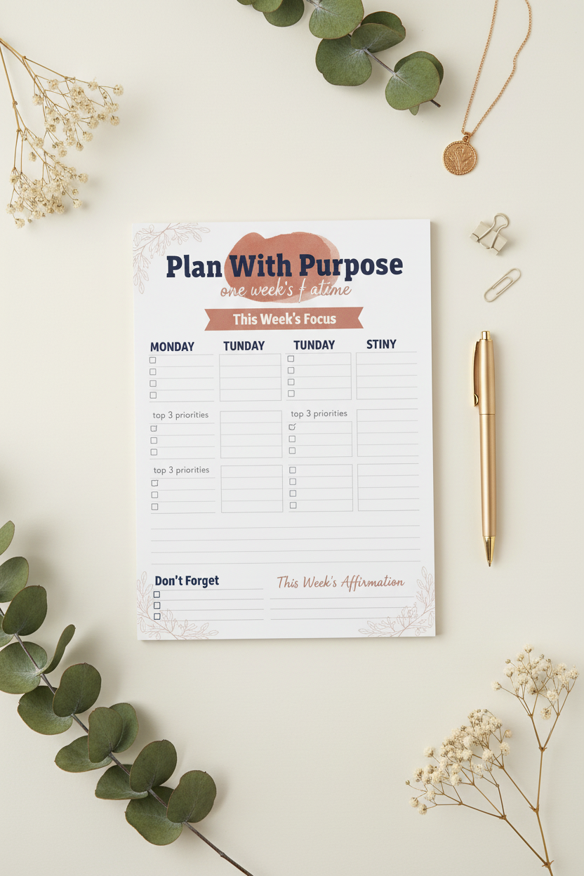Plan With Purpose A5 weekly planner notepad flat lay showing 7-day priority grid layout