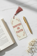 Rooted In Faith round top acrylic bookmark with pink tassel