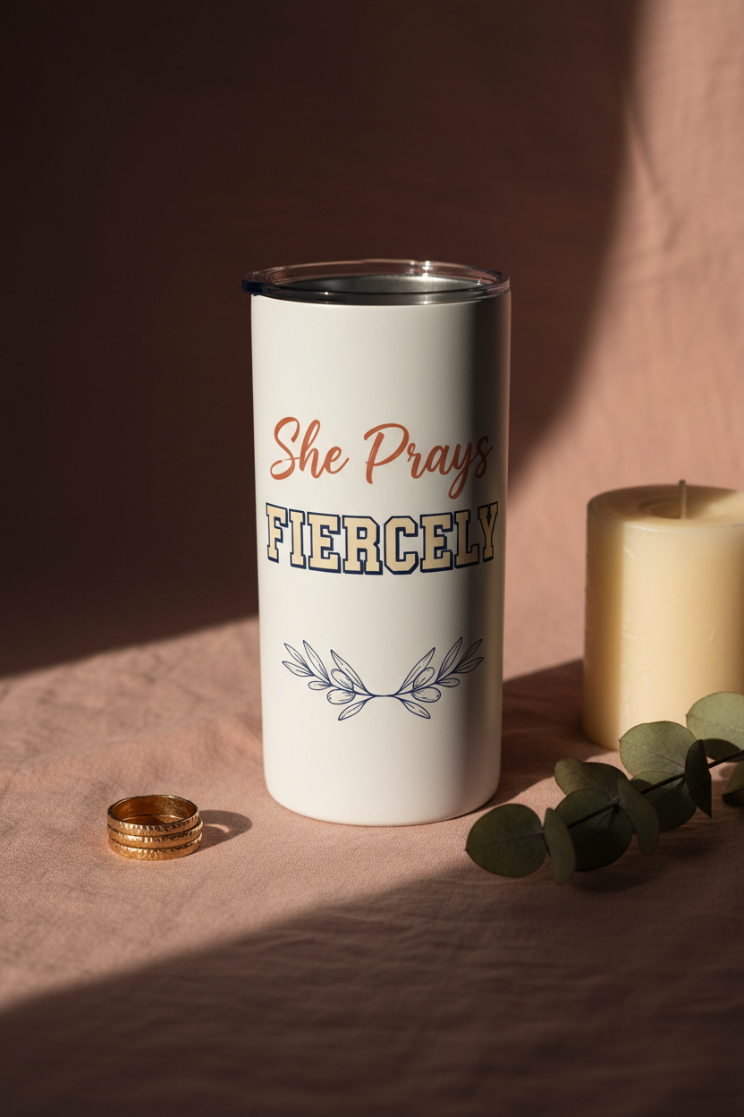 She Prays FIERCELY 20oz white skinny faith tumbler on dusty pink linen with candle and eucalyptus