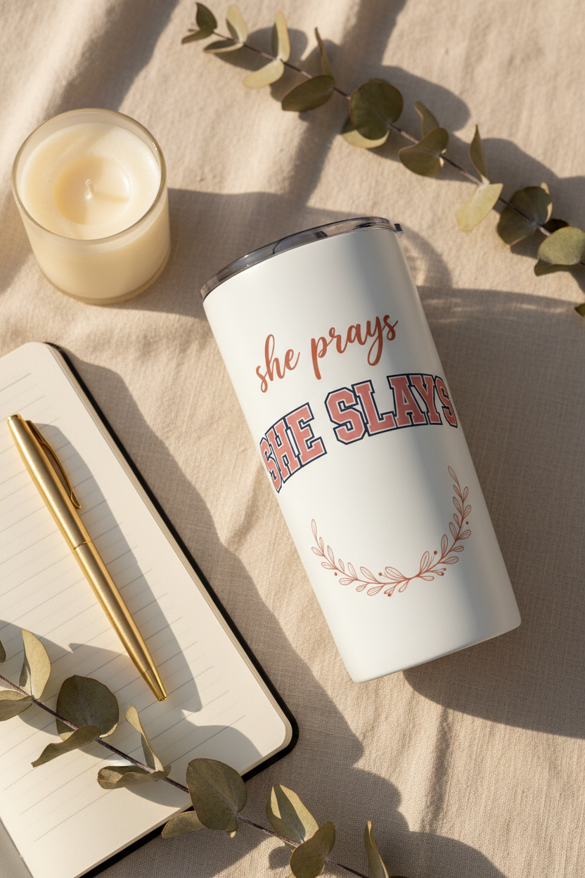 She Prays She Slays 20oz faith tumbler styled with journal, gold pen and candle on cream linen
