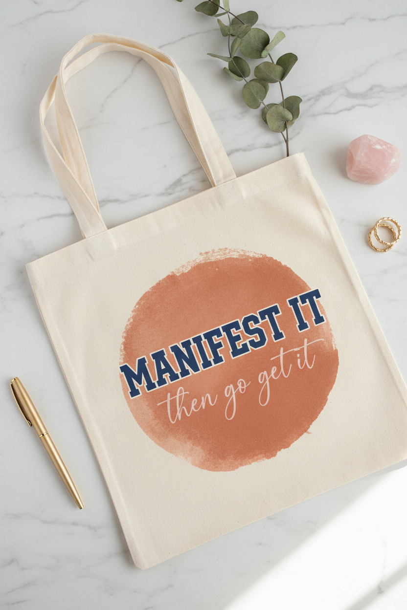 Manifest It cream canvas tote bag flat lay on marble with eucalyptus and rose quartz