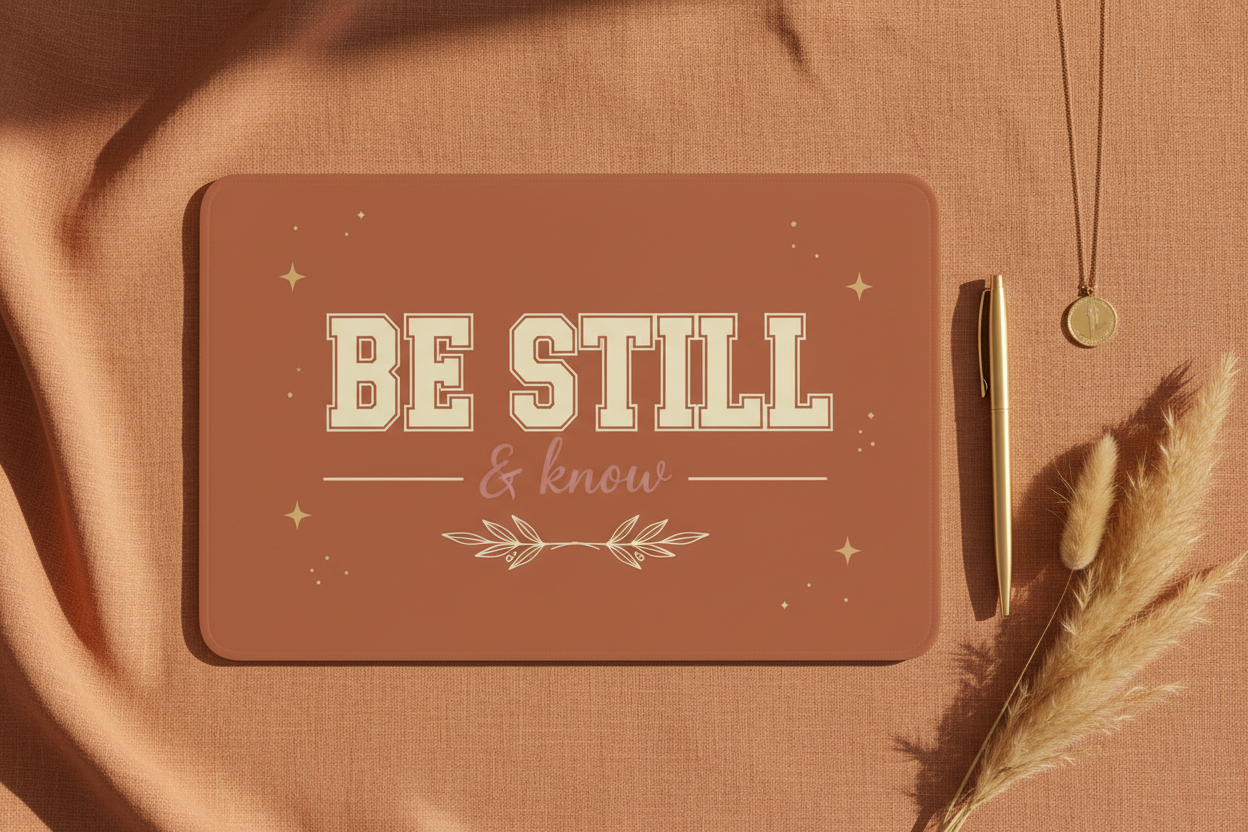 BE STILL & Know terracotta landscape mousepad flat lay on linen with pampas grass
