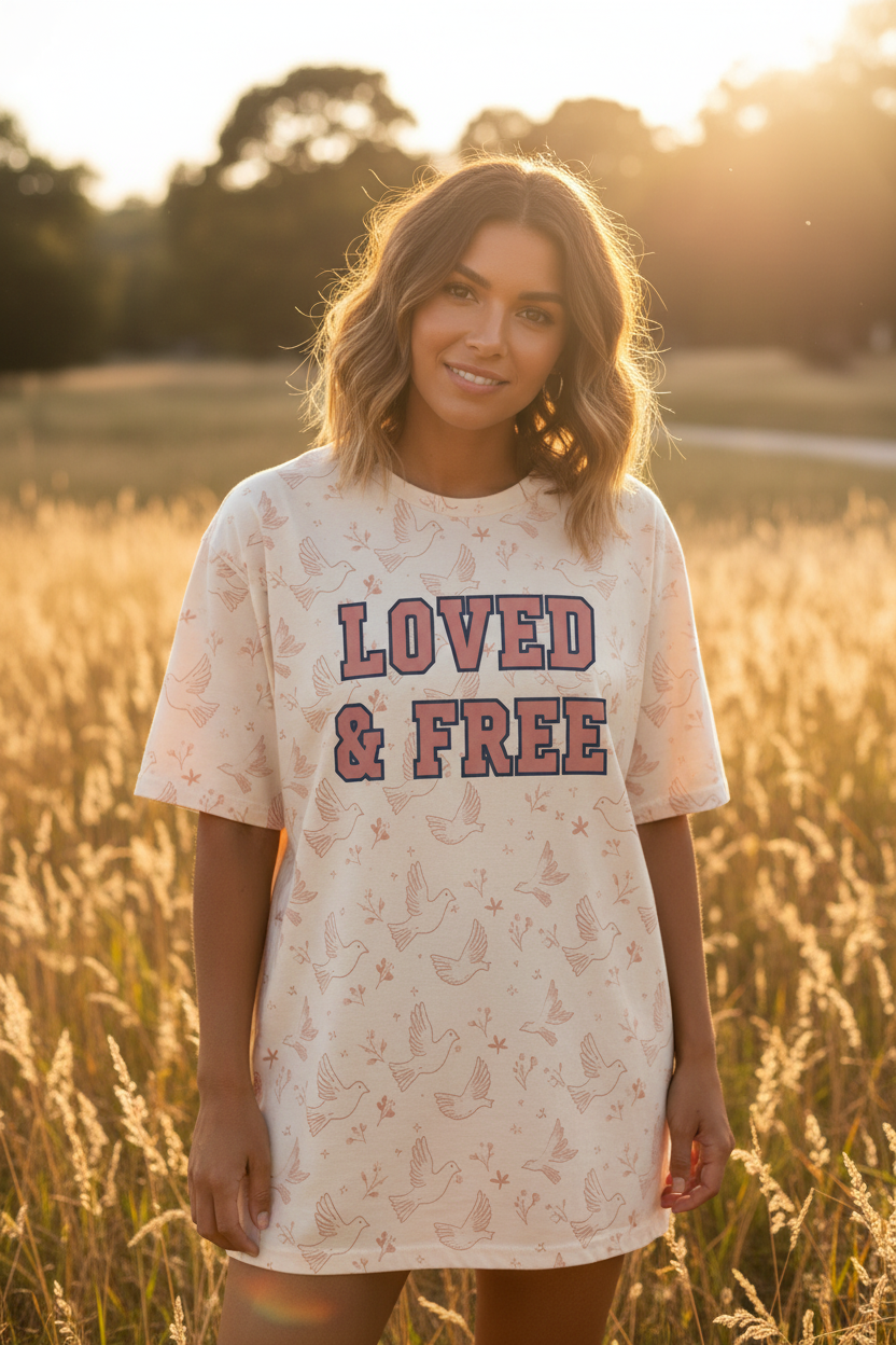 Loved and Free cream oversized t-shirt with doves and hearts pattern