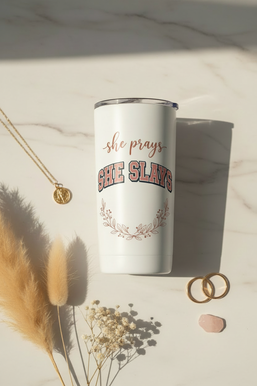 She Prays She Slays 20oz white skinny tumbler on marble with gold coin necklace and white flowers
