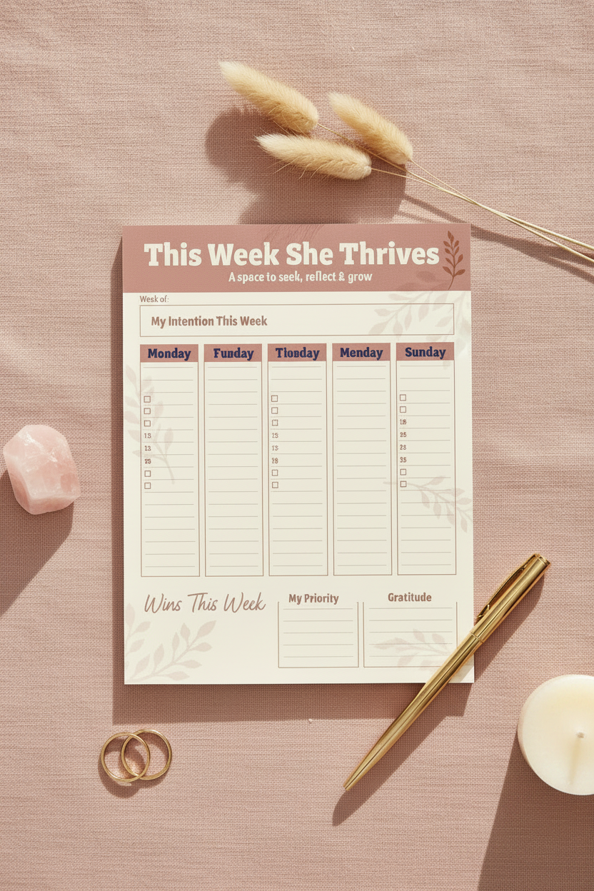 This Week She Thrives A5 weekly planner standing upright on terracotta linen with candle and pampas grass