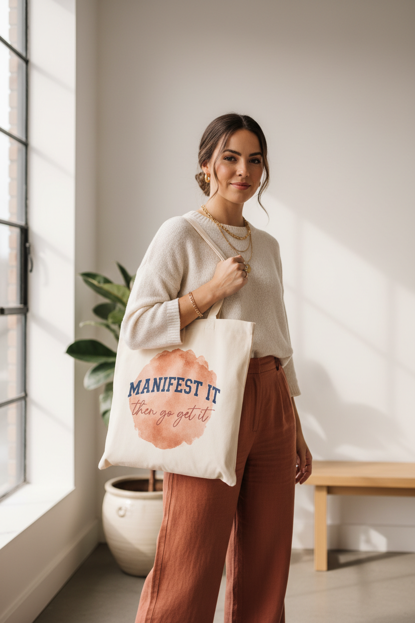 Manifest It cream canvas tote bag held by model in minimalist indoor setting