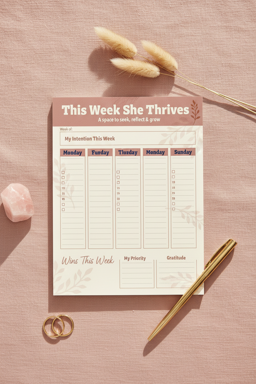 This Week She Thrives A5 weekly planner notepad flat lay showing 7-day structured layout