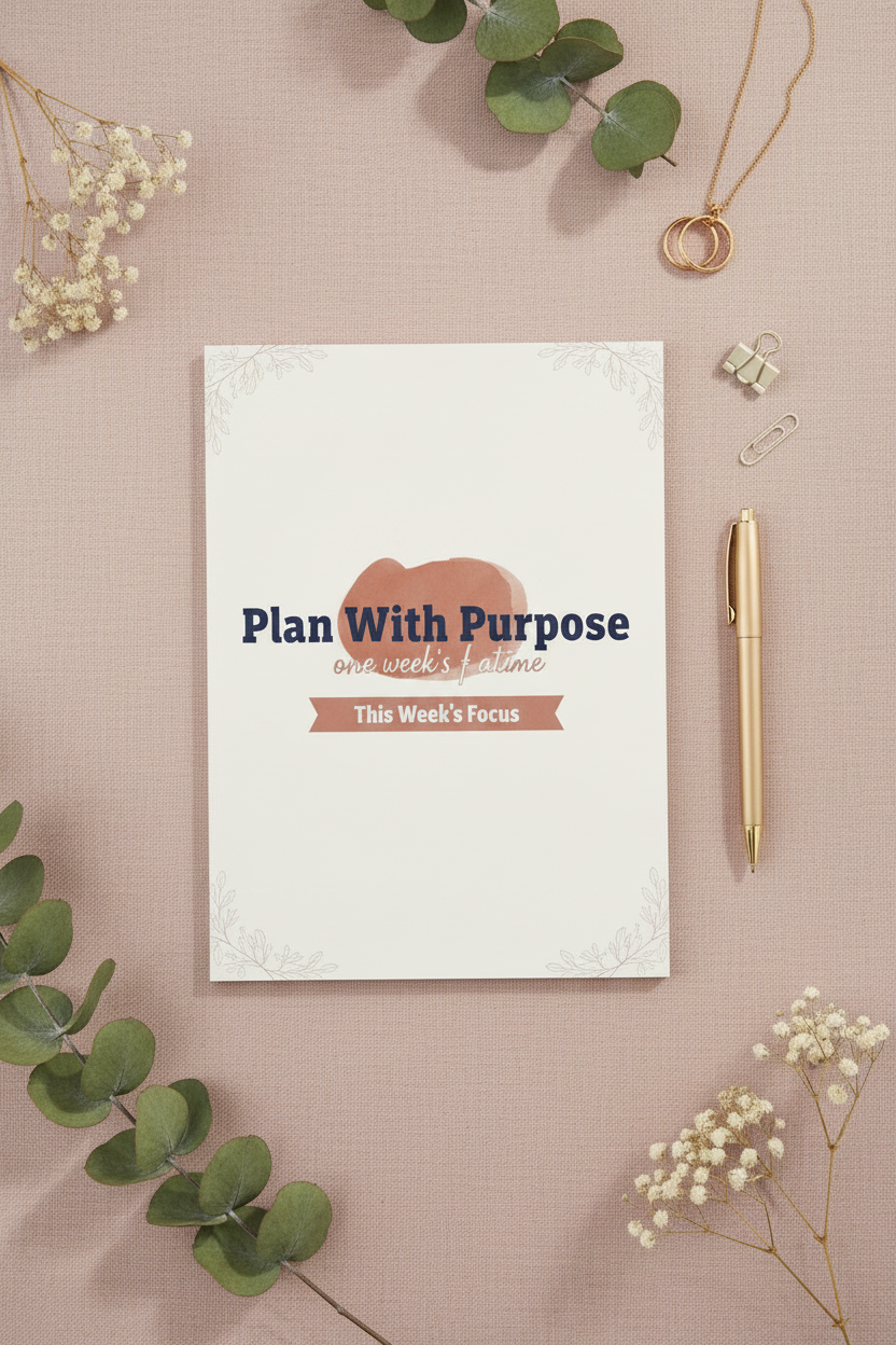 Plan With Purpose A5 weekly planner standing upright on dusty pink linen with eucalyptus and gold rings