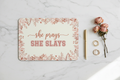 She Prays She Slays cream landscape mousepad flat lay on marble with botanical border