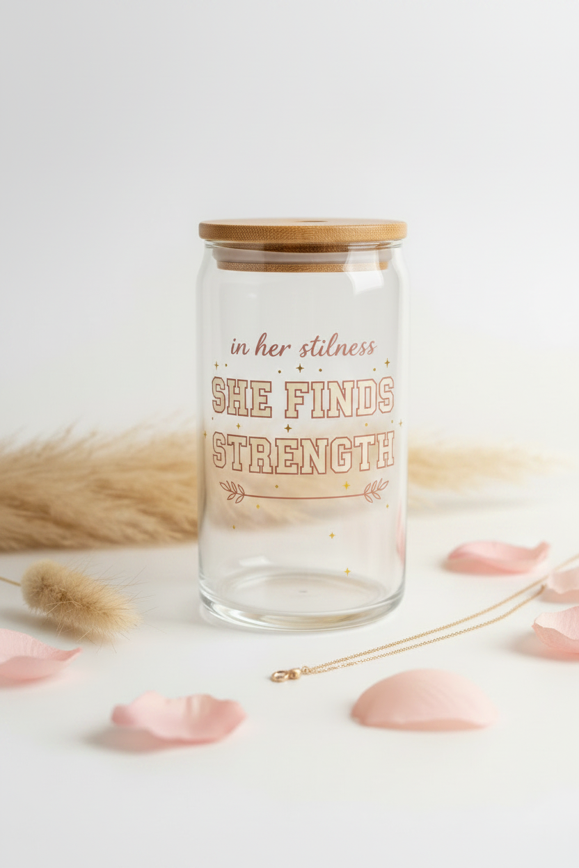 In Her Stillness She Finds Strength clear glass bamboo lid tumbler angled shot on marble with rose petals