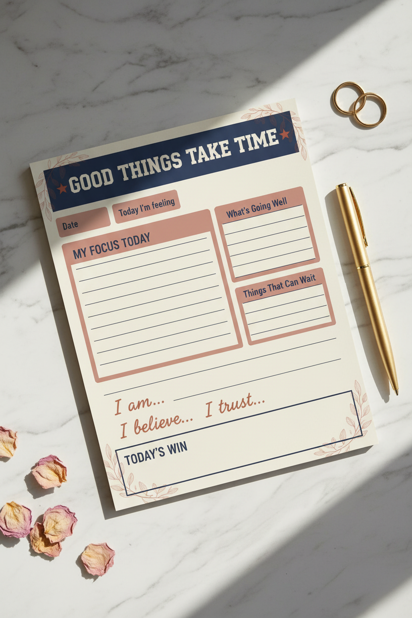 Good Things Take Time A5 daily focus notepad flat lay showing structured page layout