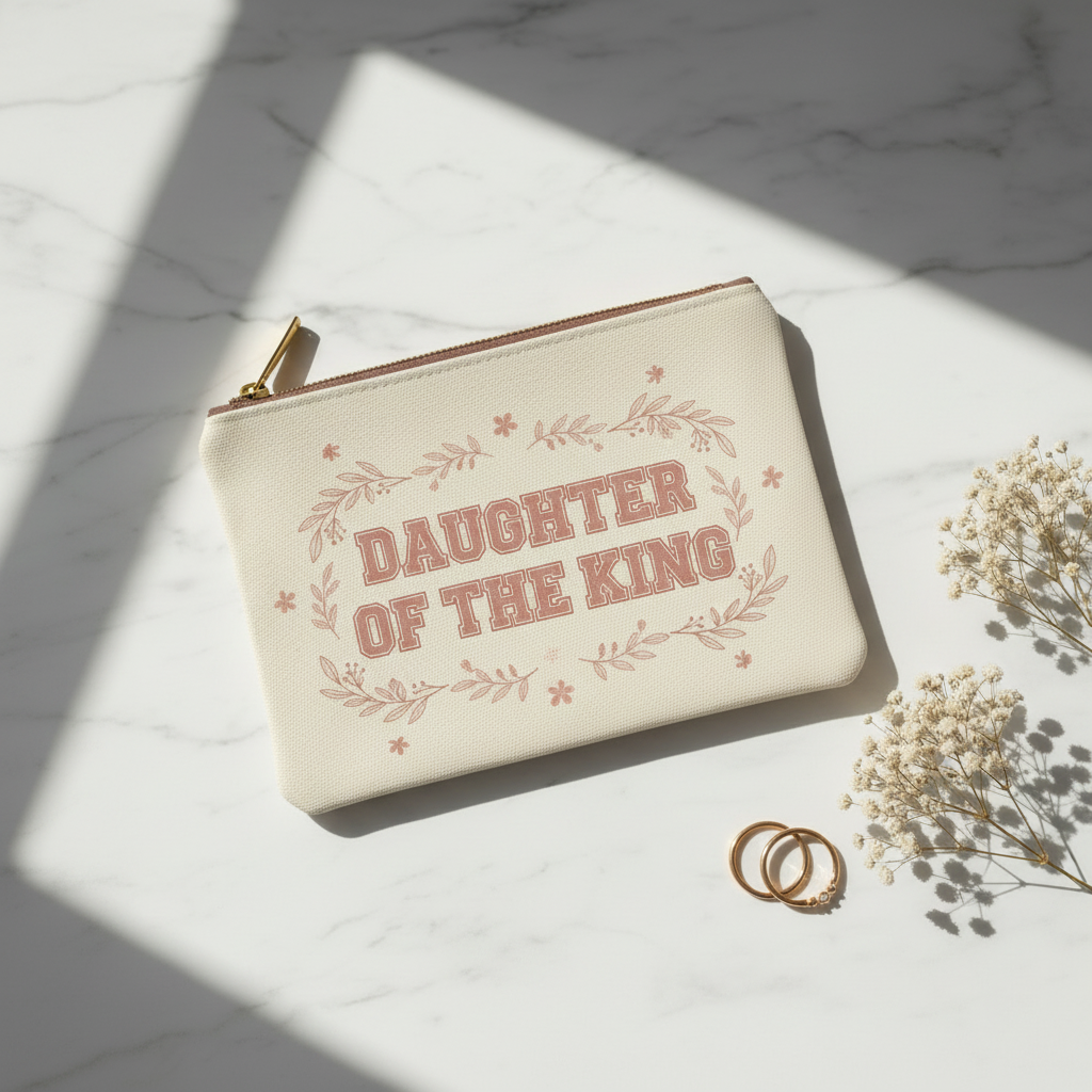 Daughter Of The King canvas cosmetic bag flat lay