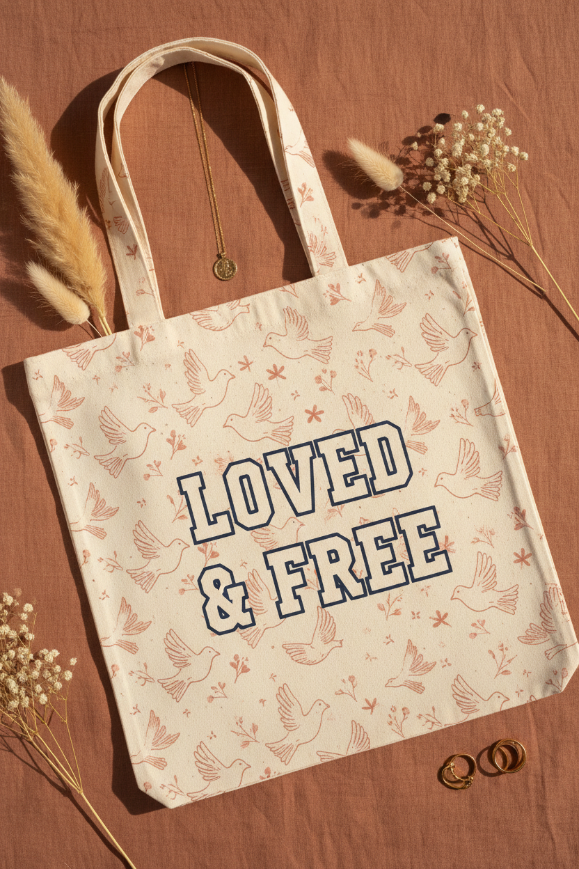 LOVED & FREE cream canvas tote bag flat lay on terracotta linen with botanical and doves design
